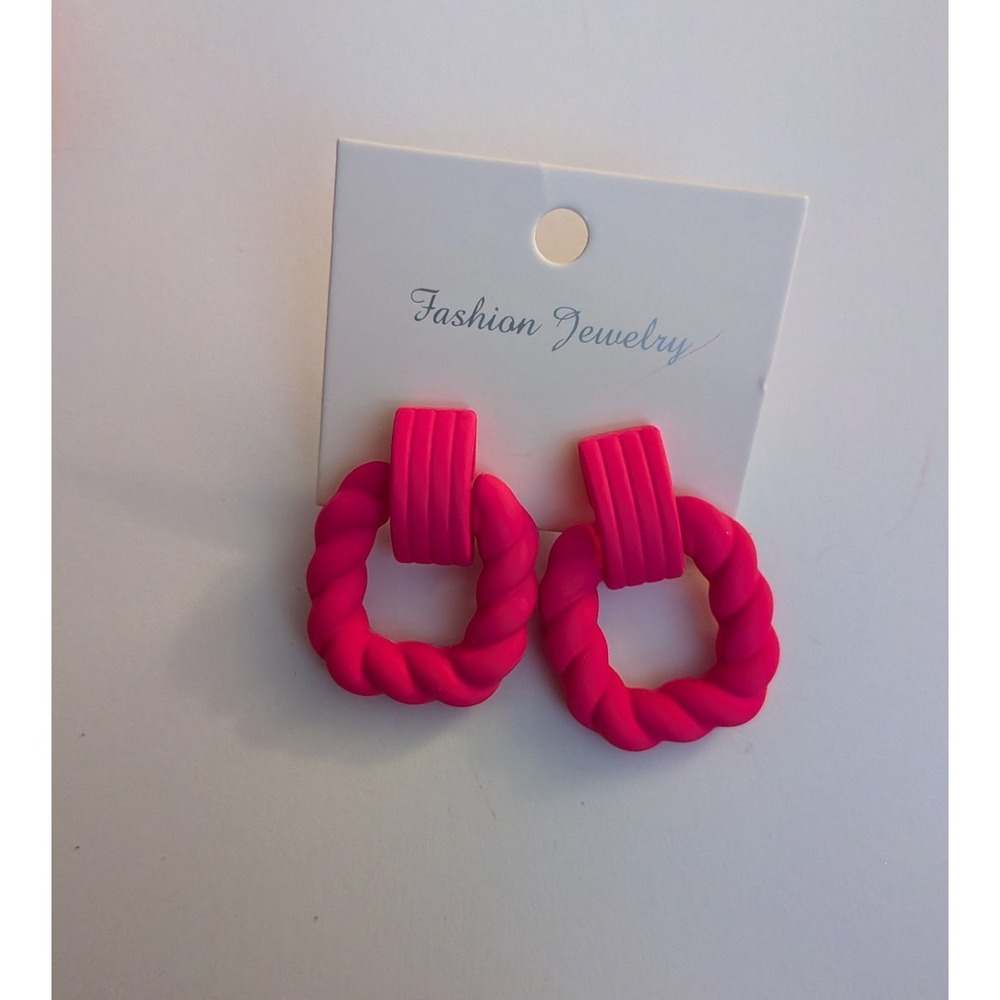 Hot Pink Neon Textured Twist Square Drop Statement Earrings Matte Finish Retro